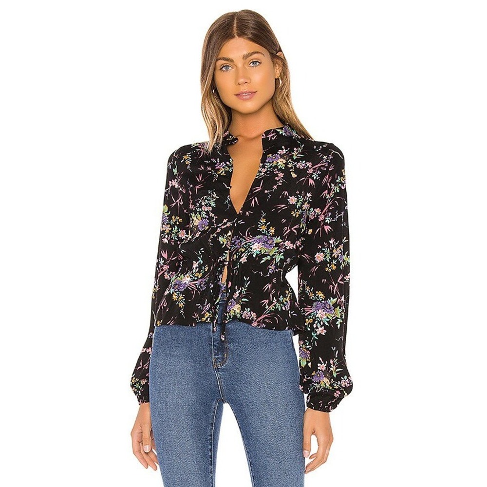 Rolla's Ella Meadow Blouse Women Size L Black Floral Balloon Sleeve Tie Front